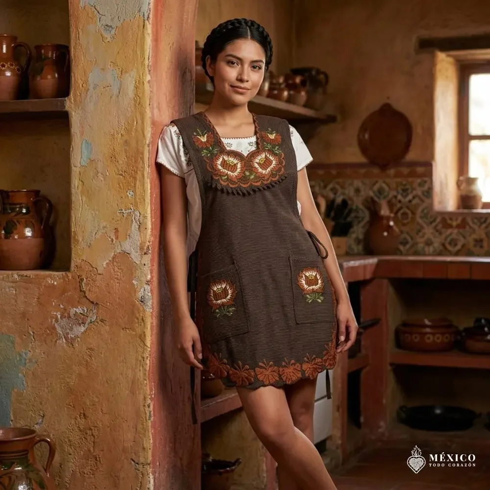 Brown Mexican Embroidered Smock Apron – Floral Traditional Design
